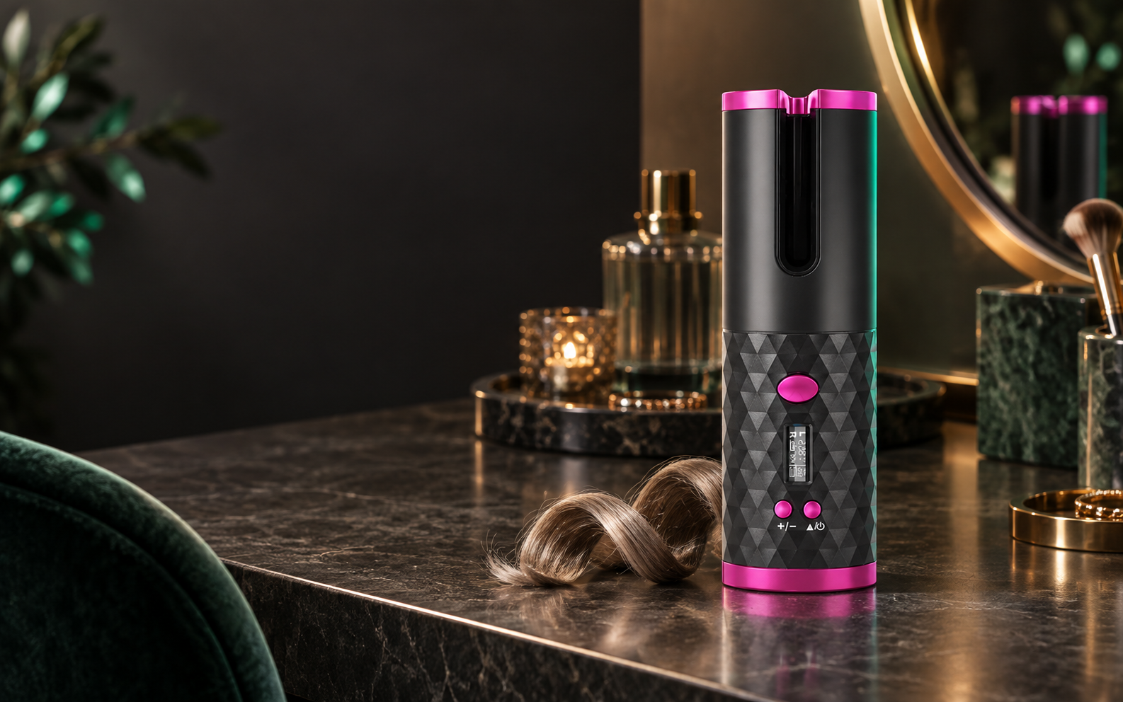 LumeCurl automatic curler on an elegant vanity